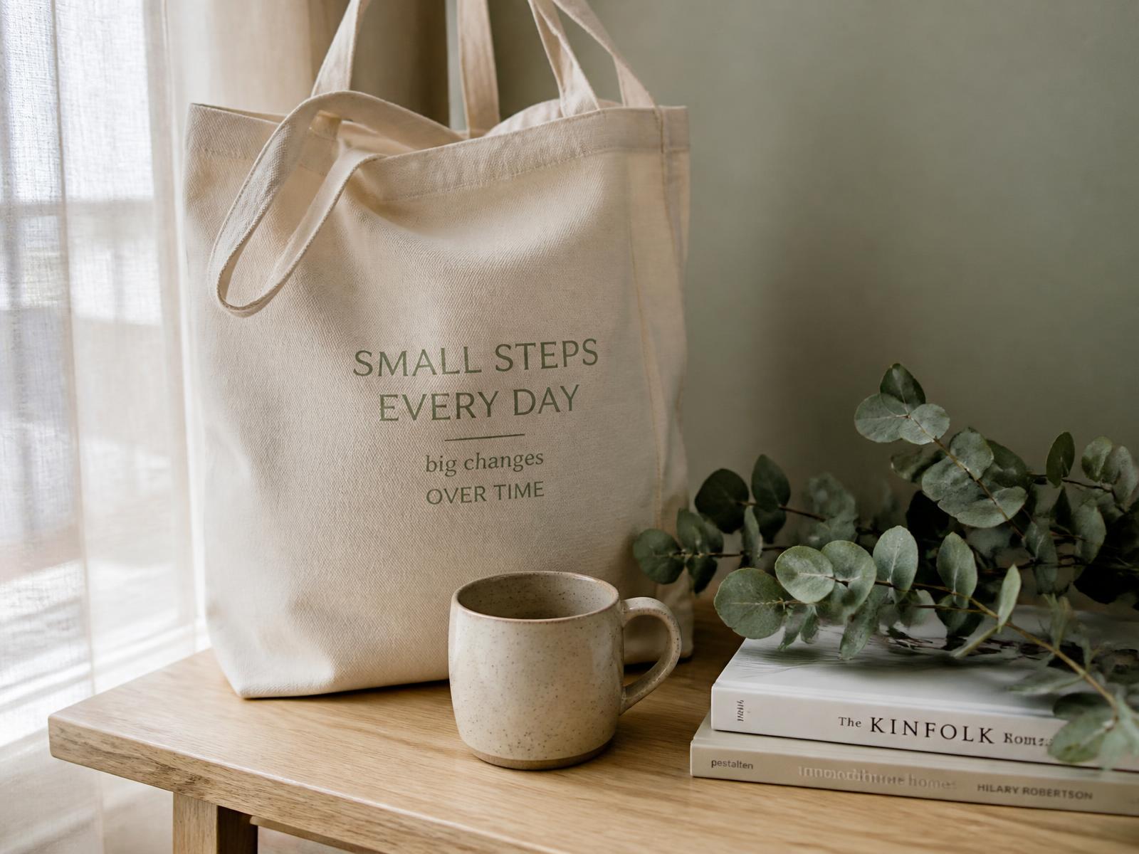 Canvas tote and stoneware mug in soft morning light beside eucalyptus